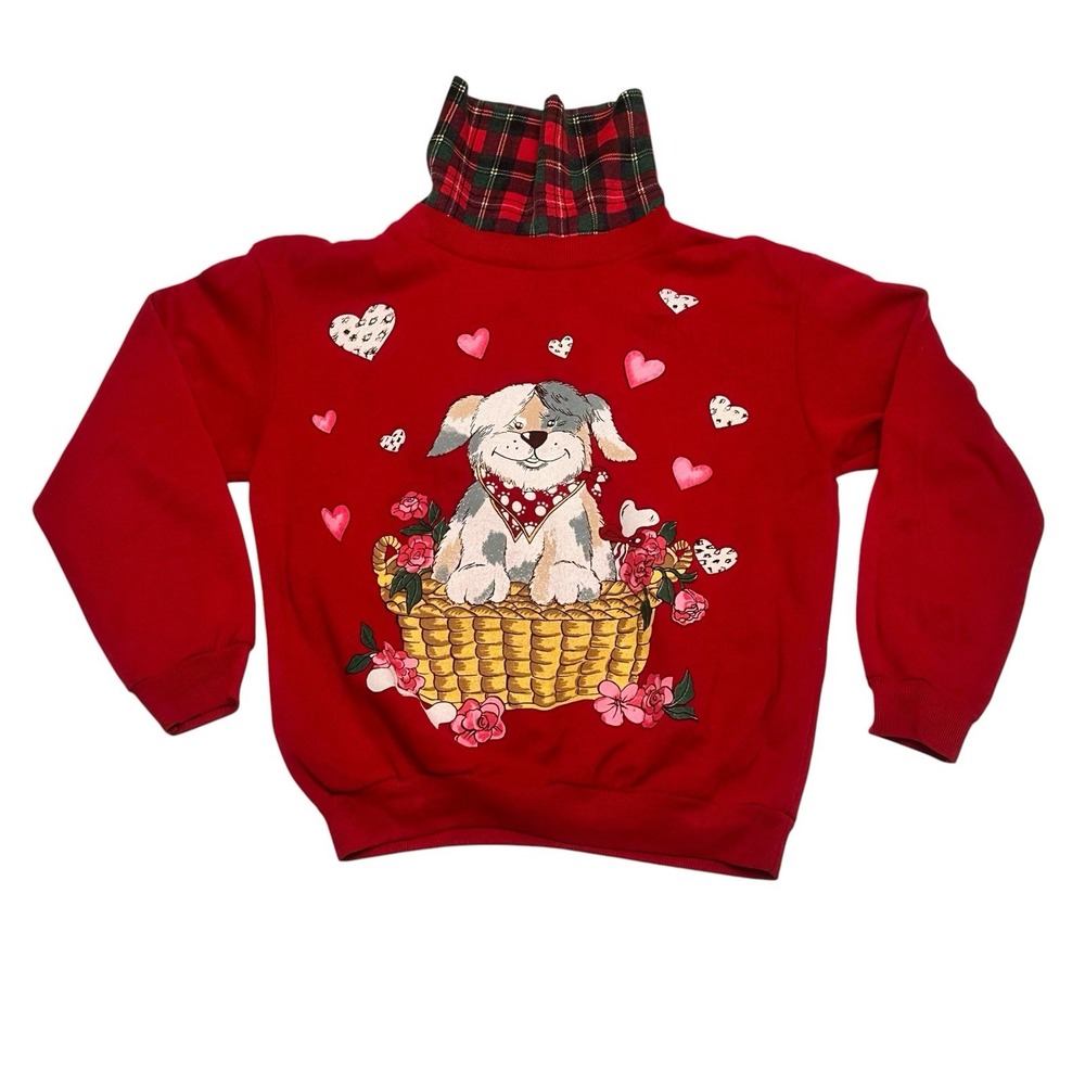 Vintage Basic Image Puff Paint Sweatshirt Red Youth Size 7/8 Dog In Basket